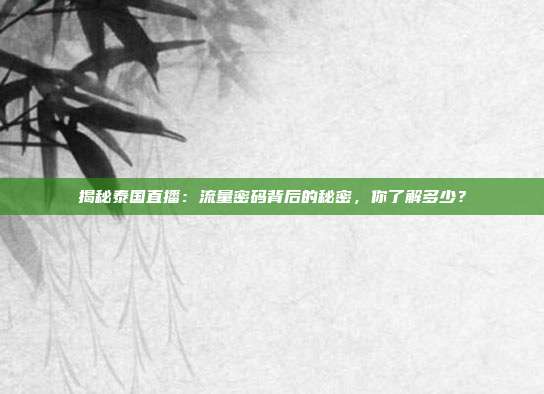 揭秘泰国直播：流量密码背后的秘密，你了解多少？