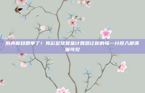 别再盲目跟单了！竞彩足球奖金计算器让你的每一分投入都清晰可见