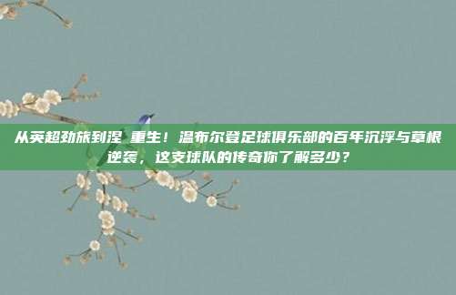 从英超劲旅到涅槃重生！温布尔登足球俱乐部的百年沉浮与草根逆袭，这支球队的传奇你了解多少？